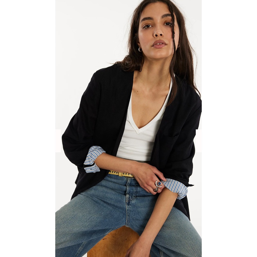 Free People Black Poppy Linen Blend Blazer Flip Cuff Oversized Career Classic M